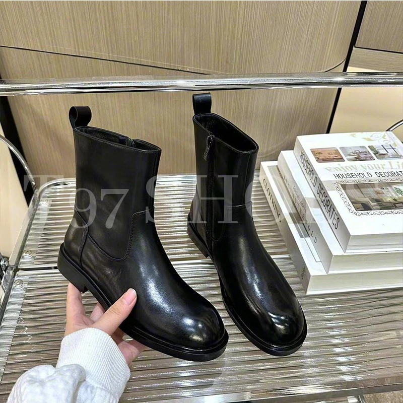 东东2024秋季季新款欧货英伦风时尚圆头低跟侧拉链短筒马丁靴5021