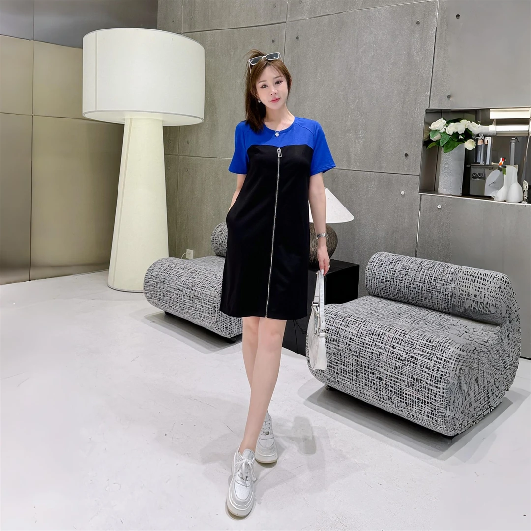 2025夏季新款短袖拼色拉链设计感连衣裙时尚减龄休闲显瘦中长裙