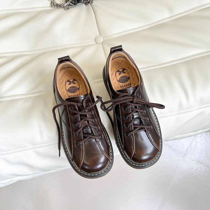 BEADAL【古着风】小皮鞋真皮复古饼干鞋头女圆头