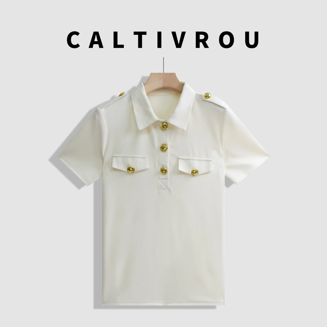 Caltivrou【现货】翻领时尚法式金扣polo领T恤白色/A434-Y4429