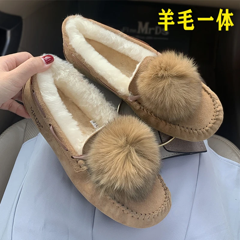 欧美秋冬季新款毛毛孕妇鞋棉鞋韩版平底防滑皮毛一体豆豆鞋女加绒
