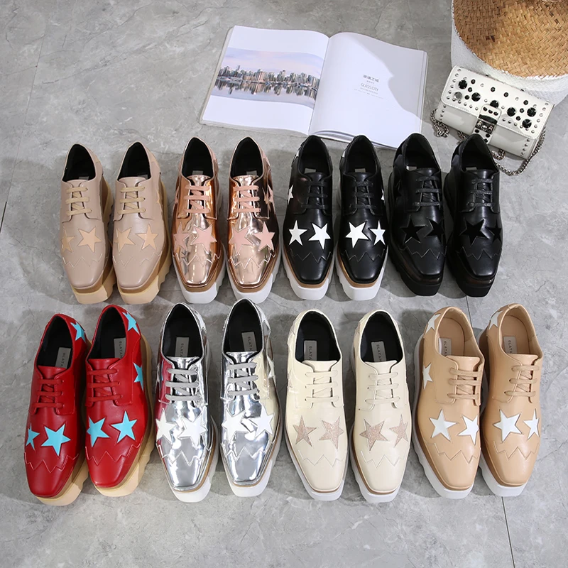 舒适松糕鞋女厚底春秋新款时尚百搭潮流星星方头增高坡跟单鞋女潮