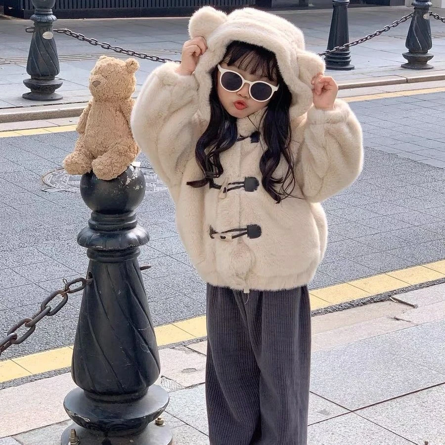 冬季新款女童外套宝宝洋气加绒加厚连帽毛毛上衣可爱外穿儿童