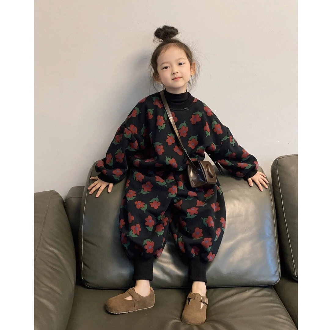 儿童套装男女童秋冬款韩版加绒花朵套装中小童冬季加厚休闲两洋气