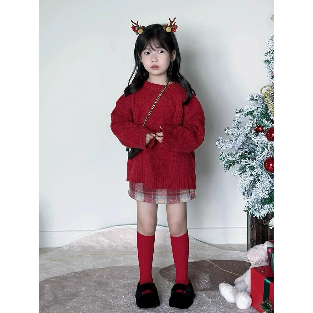 韩版女童2023冬季圣诞新年红色麻花套头毛衣+复古红格子半裙儿童