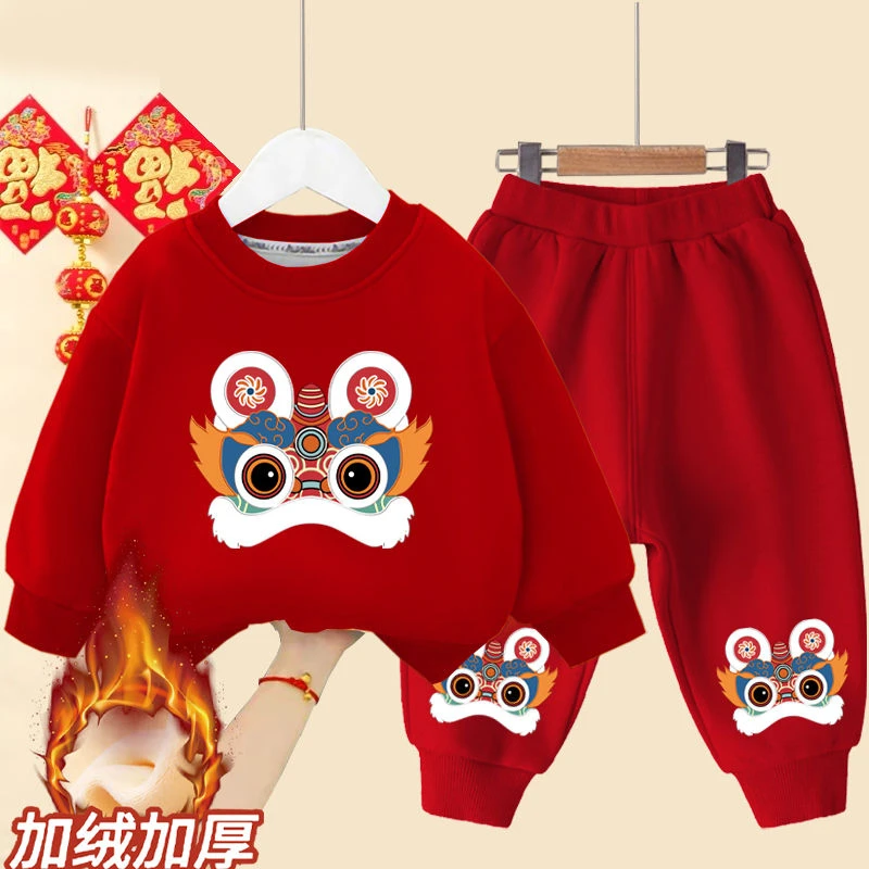 儿童套装冬季男女童加绒卫衣中国风龙年宝宝喜庆拜年服两件套
