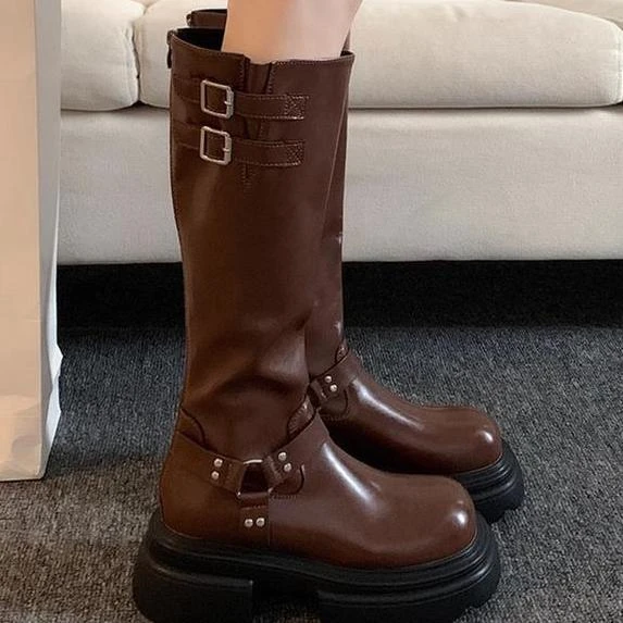 厚底不过膝长靴女秋冬款粗跟增高显瘦机车靴复古时尚高筒骑士靴女