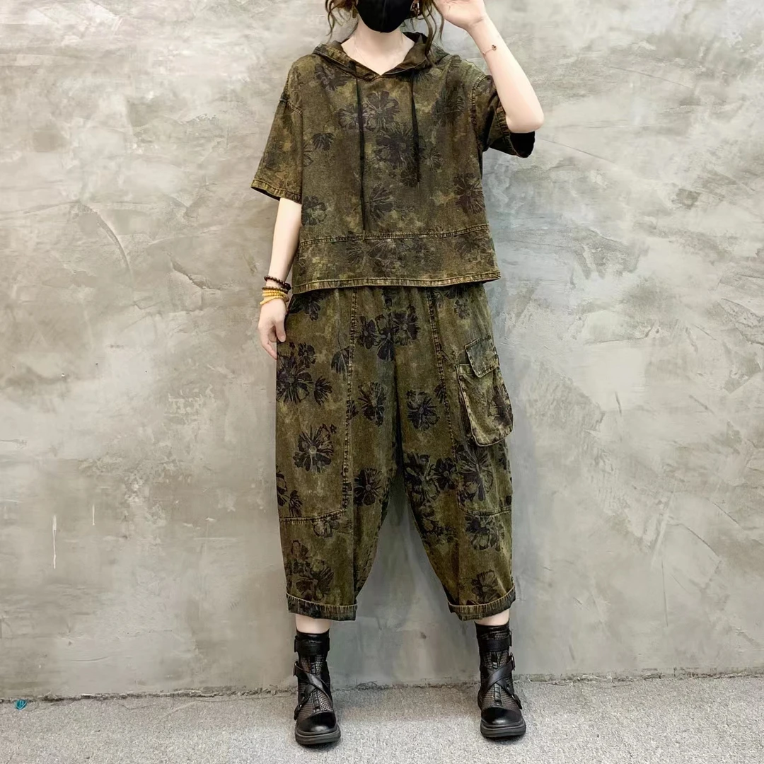 新款夏季宽松休闲气质百搭复古文艺牛仔套装2581黑花