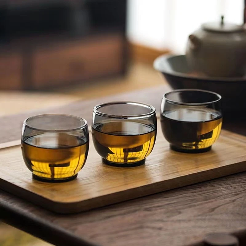 灰料品茗杯高硼硅玻璃透黑小茶杯耐热玻璃品茗杯杯子主人杯