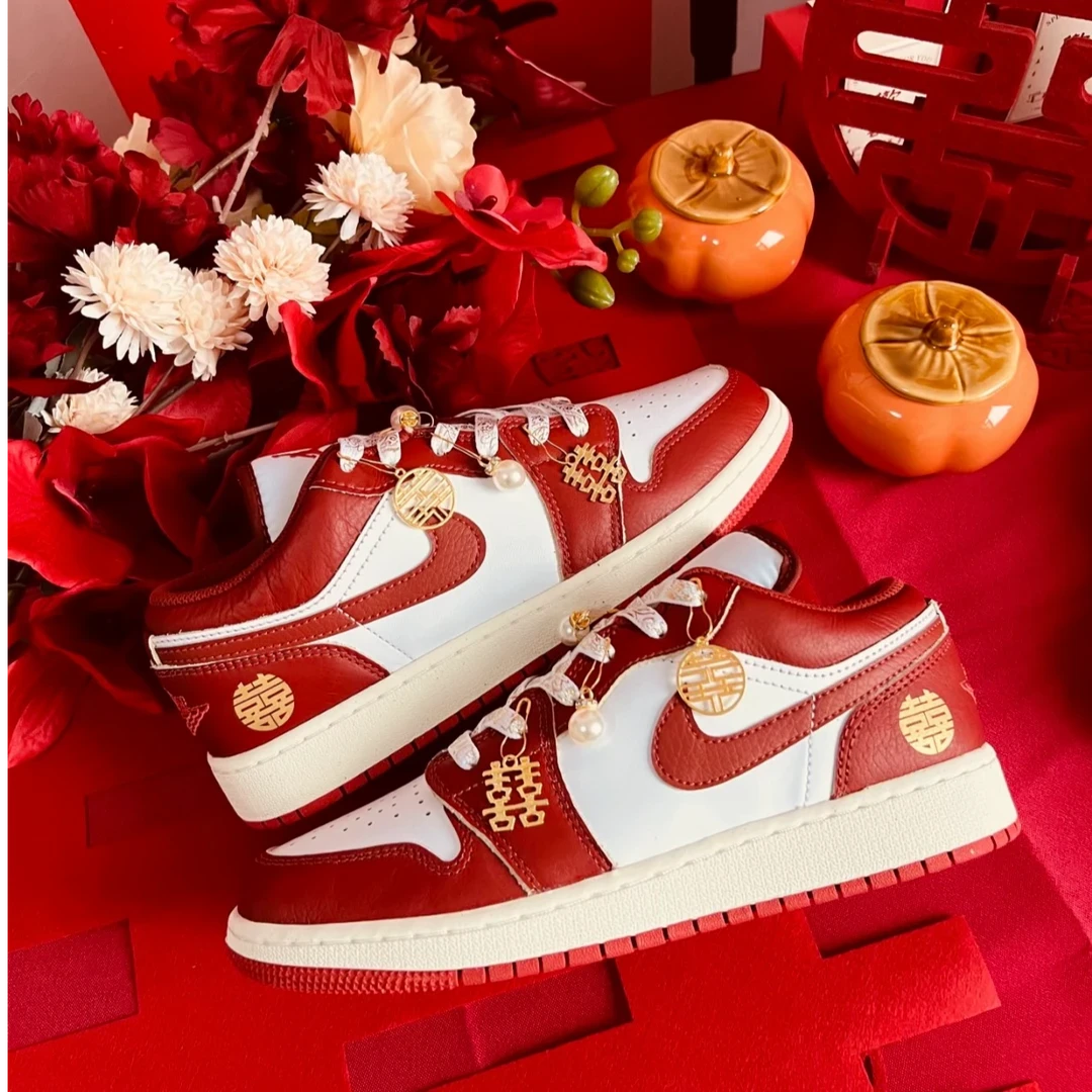 耐克AirJordanAJ1 定制款白红婚鞋 国潮喜字结婚秀禾潮鞋低帮球鞋