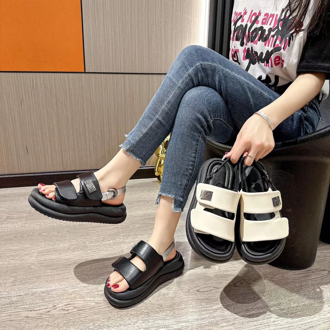 厚底凉鞋女2024新款夏季外穿精致黑色魔术贴沙滩休闲罗马鞋521
