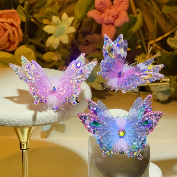 新款会动的蝴蝶发夹双影星空系列网红蝴蝶发饰小女孩甜美发卡头饰