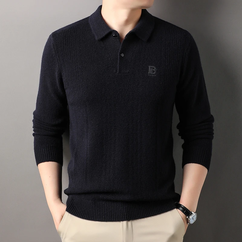 欧洲轻奢纯绵羊毛秋冬季时尚潮流百搭翻领纯色商务针织衫上衣