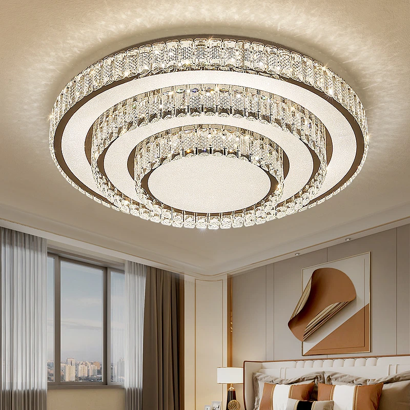 轻奢现代卧室三层LED水晶吸顶灯圆形大气客厅灯简约主卧室灯新款