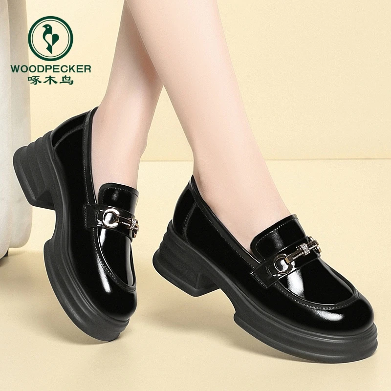 woodpecker/啄木鸟乐福鞋百搭黑色软底英伦风秋季圆头时尚休闲