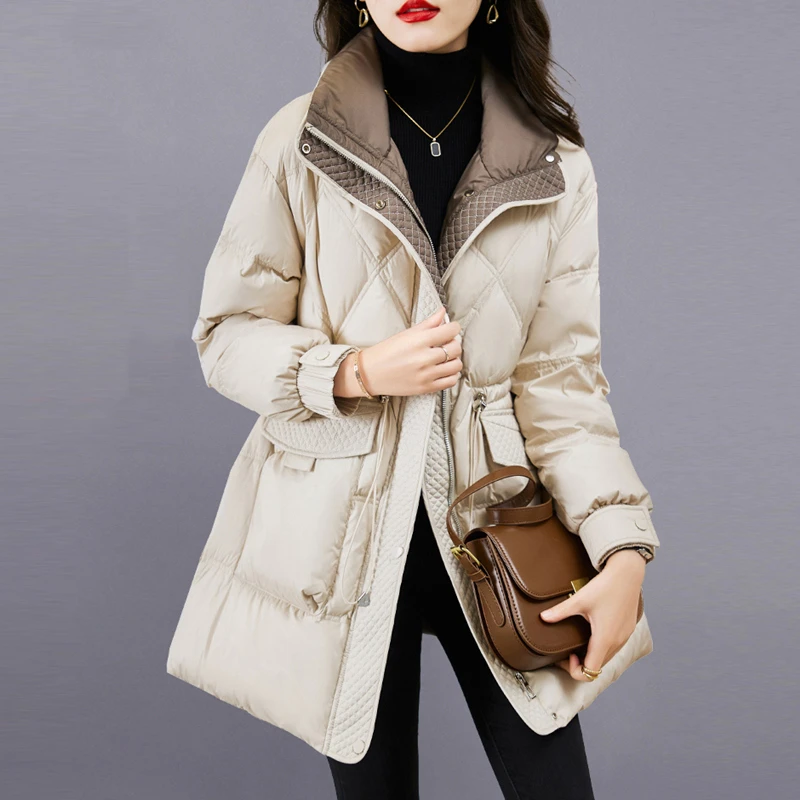 高级感羽绒服女冬季中长款2025新款小个子流行时尚收腰白鸭绒外套