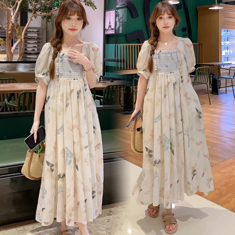 泡泡袖连衣裙孕妇连衣裙甜美淑女雪纺夏季大码时尚宽松碎花显瘦