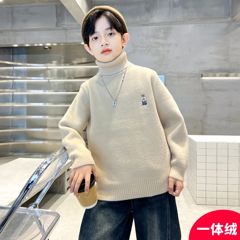 儿童冬季打底毛衣加绒高领洋气中大童男孩秋冬毛线针织衫加厚保暖
