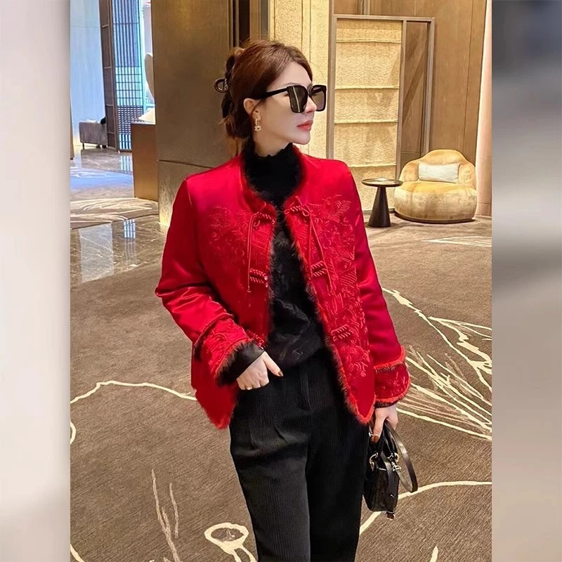新中式国风女装红色复古短款棉袄棉服女2024新款秋冬小个子拜年服