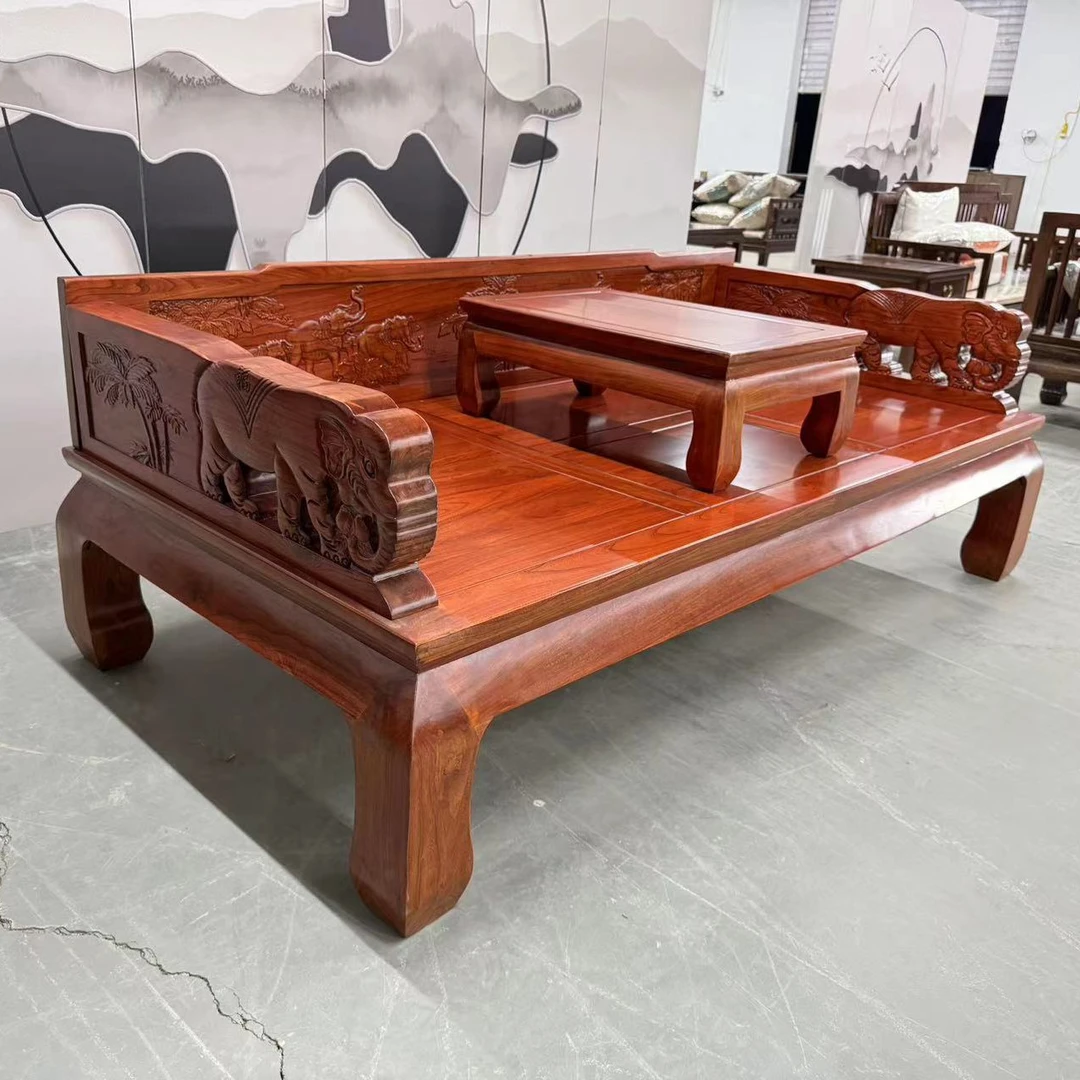 榆木罗汉床五件套老榆木新中式实木现代简约小户型推拉罗汉榻床