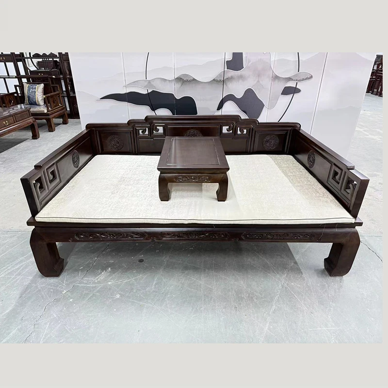 罗汉床中式实木沙发组合北方老榆木休闲床明清仿古现代贵妃榻床榻