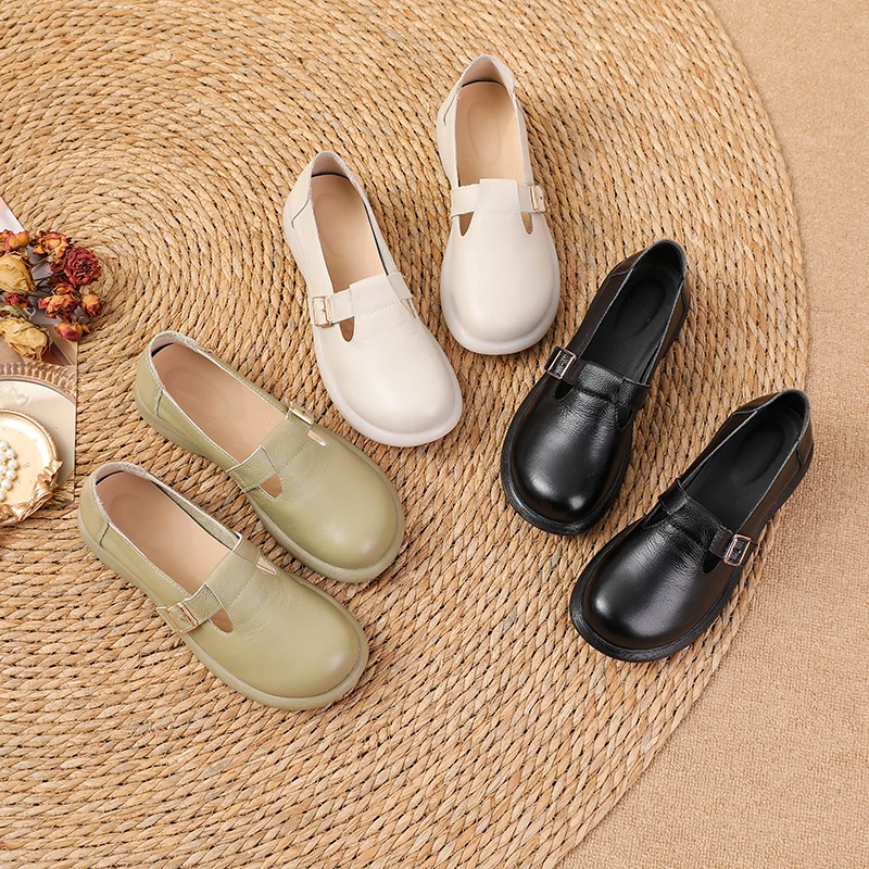 牛皮春夏新款舒适妈妈鞋中老年休闲软底防滑圆头浅口百搭单鞋平底