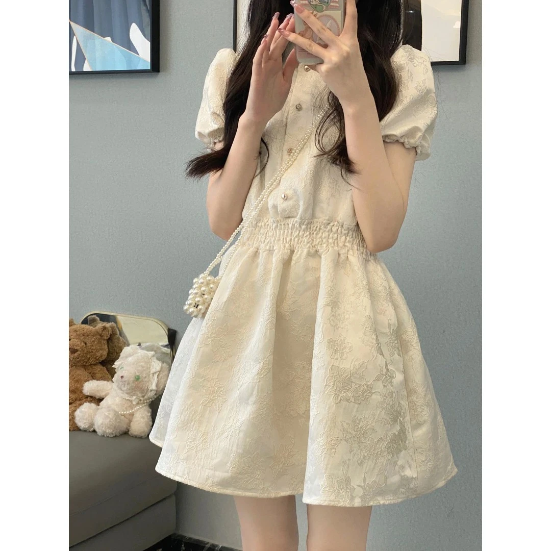 小香风宽松连衣裙女夏季新款收腰显瘦温柔风茶歇裙提花少女公主裙