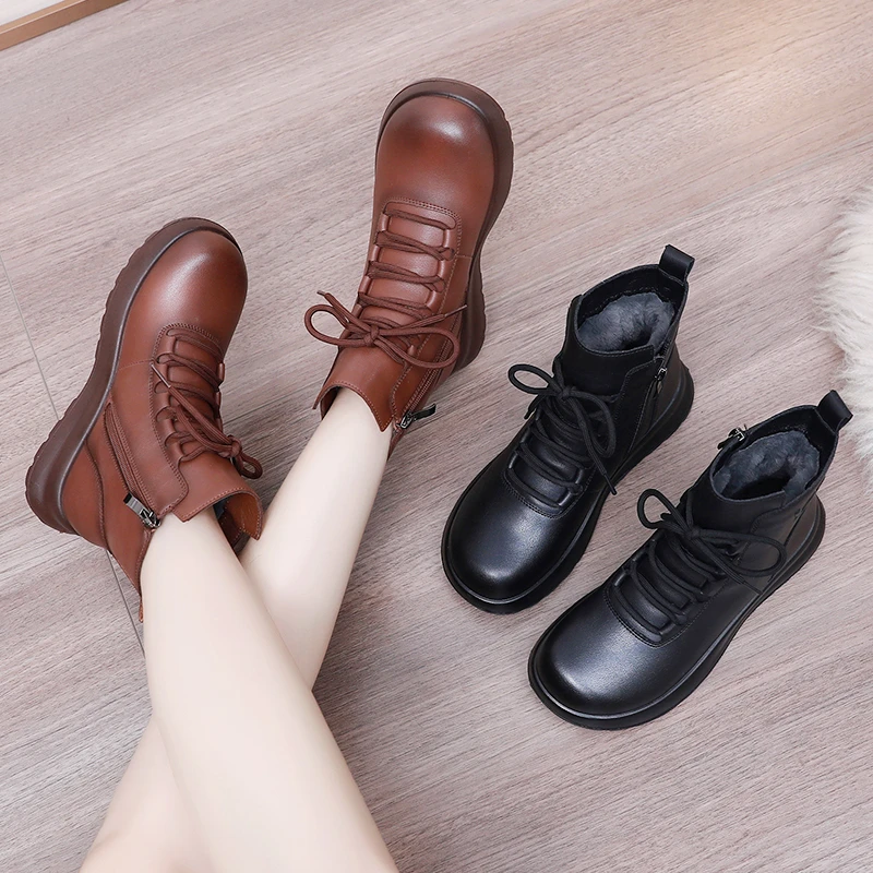 真皮软底妈妈鞋棉鞋加绒保暖防滑中年短靴子女款中老年人皮鞋冬季