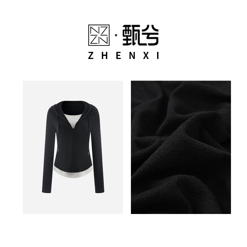 【ZHENXI甄兮】"搭配神气"徳绒时尚保暖连帽长袖假两件上衣DJQ5388
