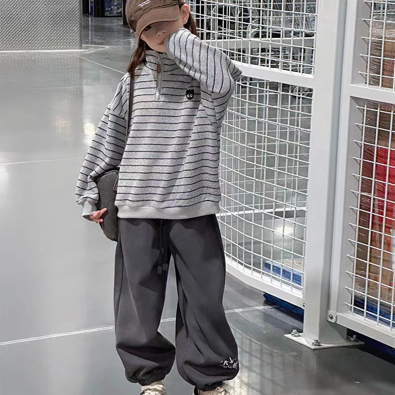 儿童秋冬加绒加厚条纹POLO半拉链立领韩版宽松卫衣2024冬季中大童