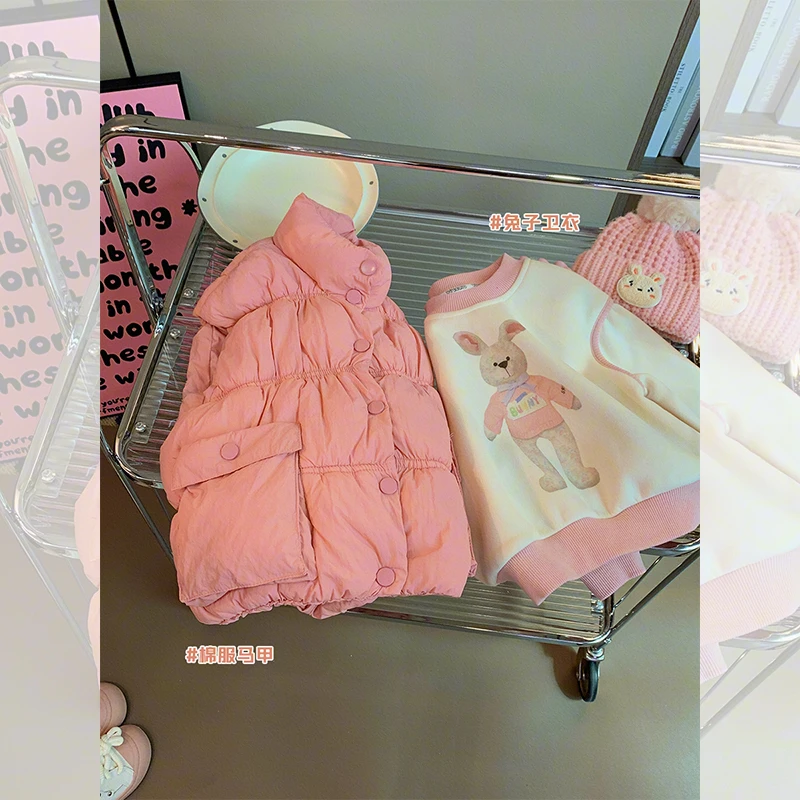 【现货特惠】女童一体绒卫衣2023新款小童女宝套装洋气棉马甲外套