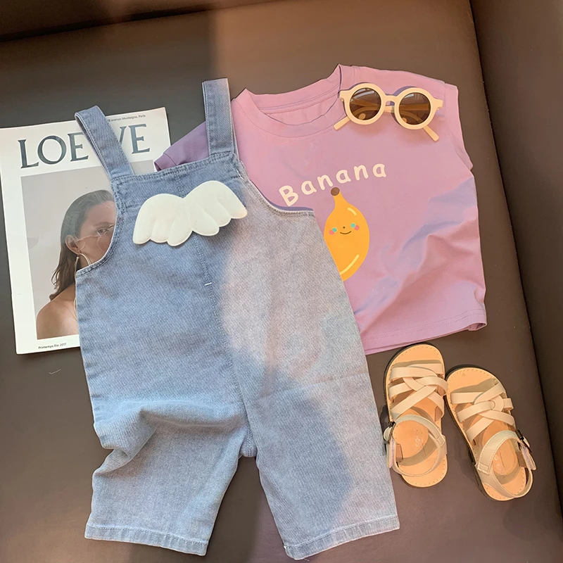 女童翅膀背带裤宝宝夏季裤子儿童新款韩版牛仔五分裤小童休闲短裤