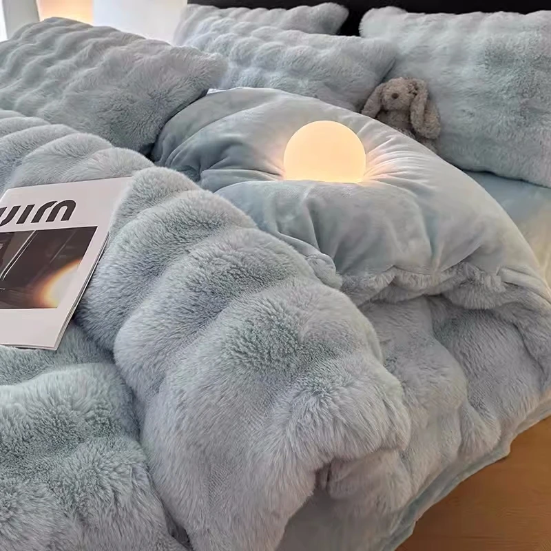 松弛感兔兔牛奶绒四件套秋冬季加厚珊瑚绒被套床单双面学生三件套
