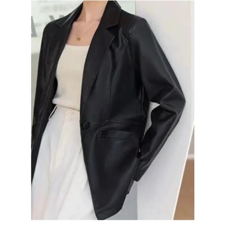 2024春秋新款皮衣女韩版上衣显瘦百搭高级感机车休闲外套9907长64