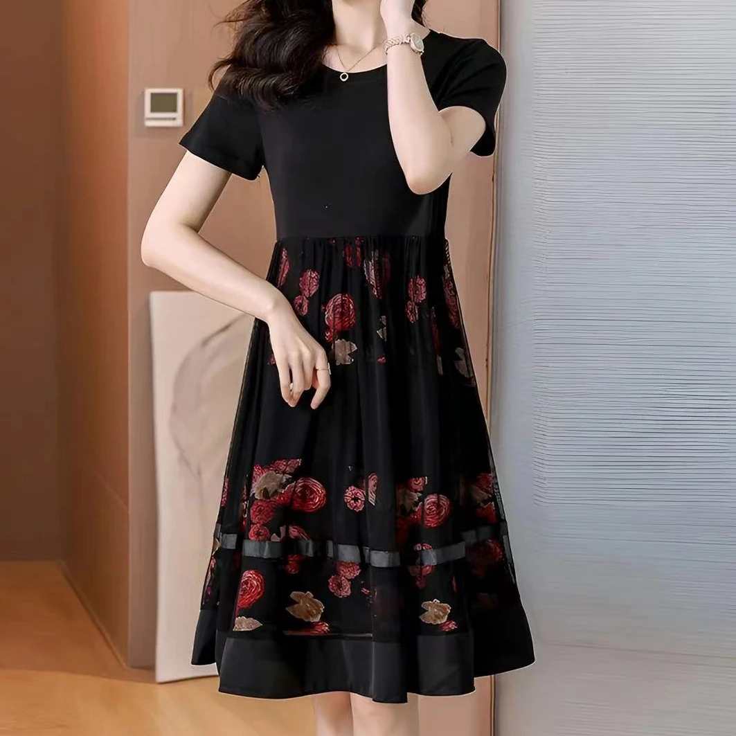 2024夏季新款假两件连衣裙气质显瘦洋气时尚圆领女裙子2870长94