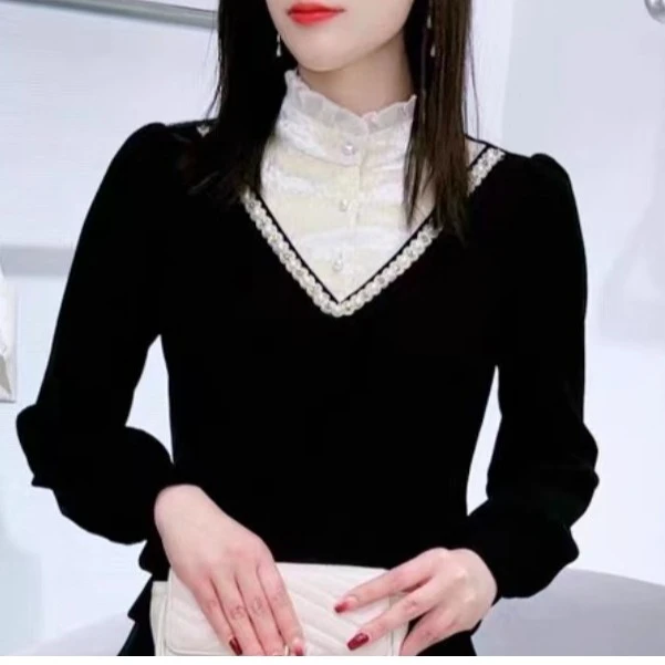 春秋新款蕾丝拼接洋气打底衫显瘦气质百搭时尚加厚女上衣6029长55