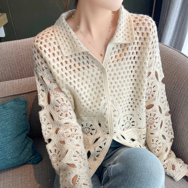 重工刺绣羊毛开衫女POLO领镂空钩花外套宽松羊毛衫外搭毛衣