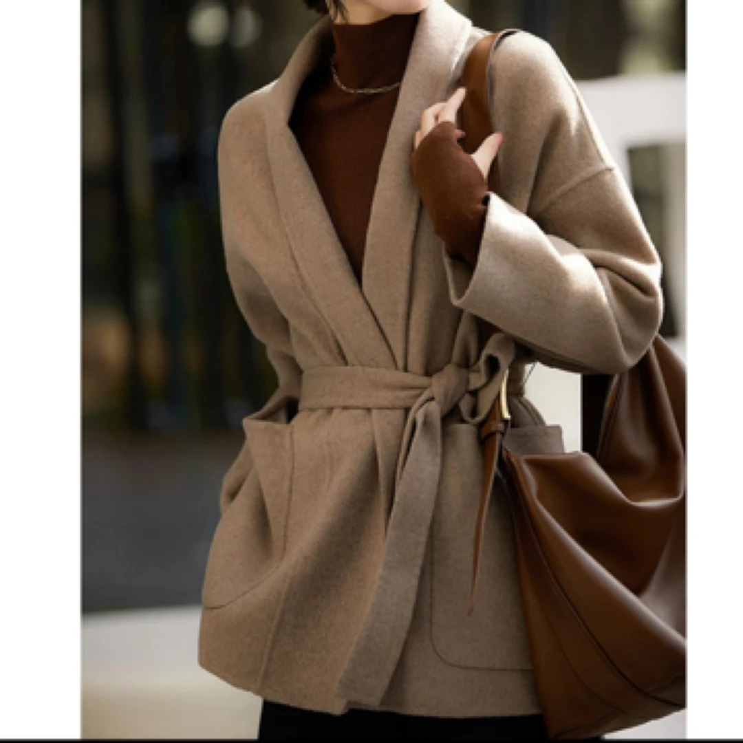 【羊毛】双面呢大衣女冬季2024新款高级感燕麦色呢子毛呢外套