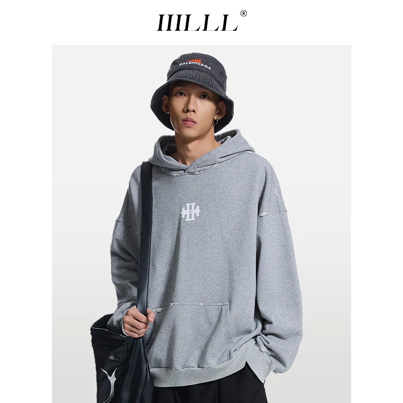 IIILLL童锦程黑色连帽卫衣男美式字母潮牌重磅情侣帽衫休闲外套