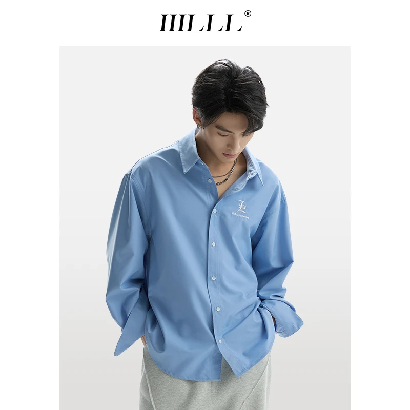 IIILLL童锦程浅蓝色衬衫秋简约时尚百搭刺绣翻领衬衣抗皱内搭长袖