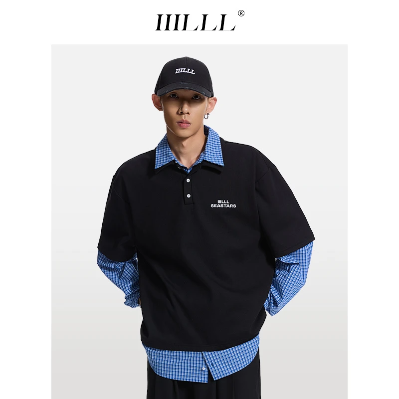 IIILLL童锦程Polo领假两件休闲男秋新款设计感撞色宽松长袖上衣潮