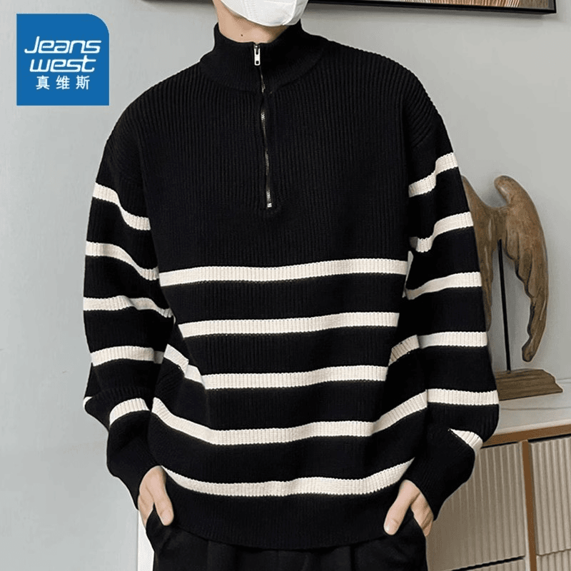 Jeanswest/真维斯半高领拉链毛衣男士黑白撞色秋冬季潮流针织衫男