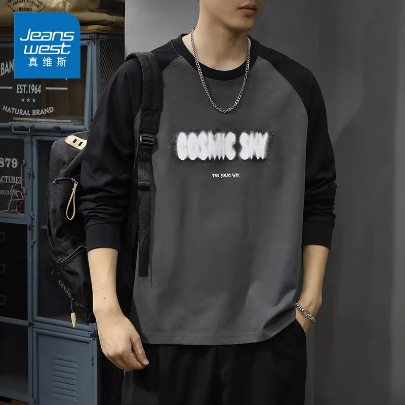 Jeanswest/真维斯撞色插肩卫衣男士秋季宽松圆领印花潮牌长袖T恤