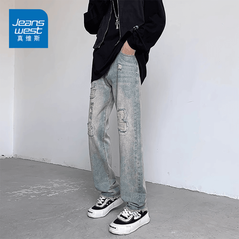 Jeanswest/真维斯夏季新款水洗复古潮牌青少年大码宽松直筒裤子