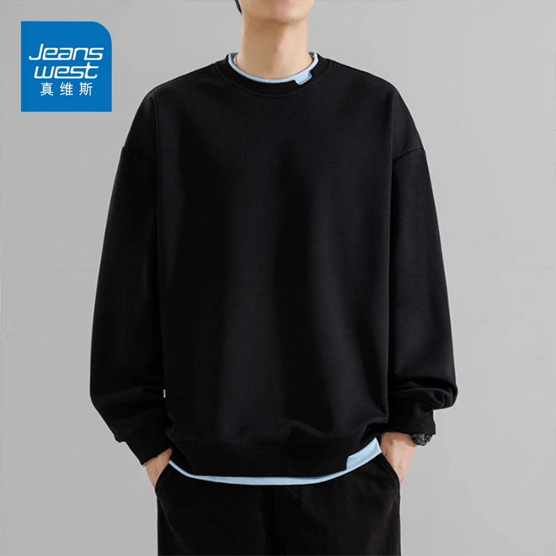 真维斯假两件卫衣男款爆款2025新款青少年圆领男士休闲上衣男春秋