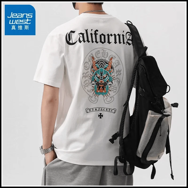 Jeanswest/真维斯夏季薄款短袖T恤男士潮牌宽松休闲圆领国风印花