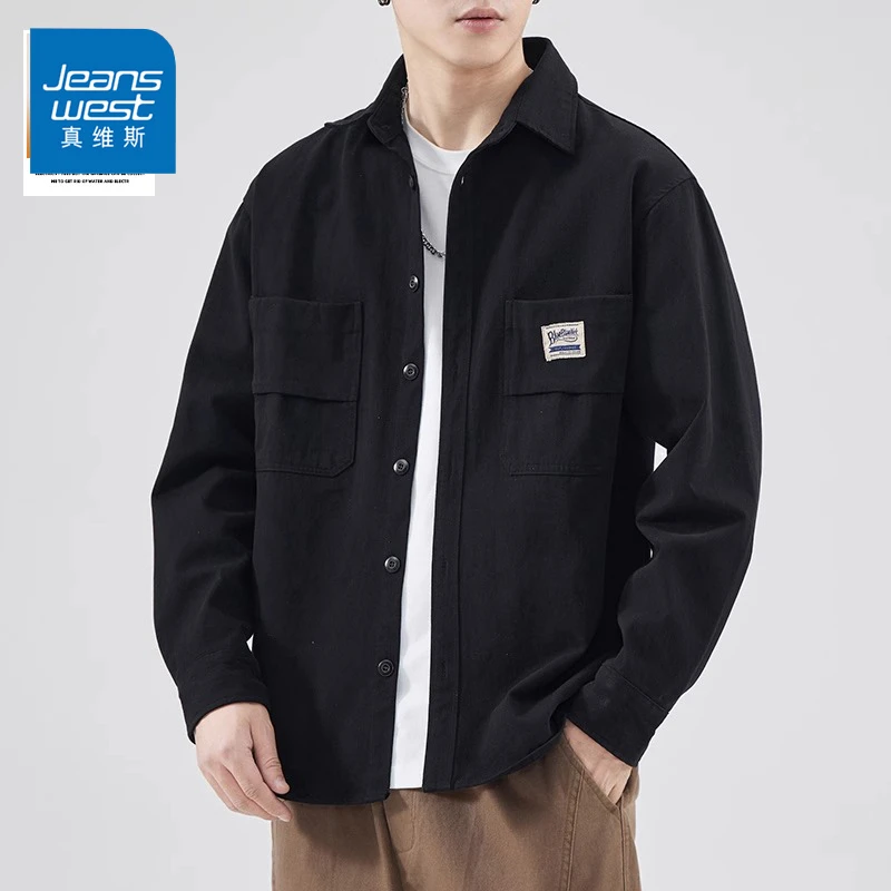 Jeanswest/真维斯秋季外套男士潮牌美式宽松休闲衬衫纯棉薄款夹克