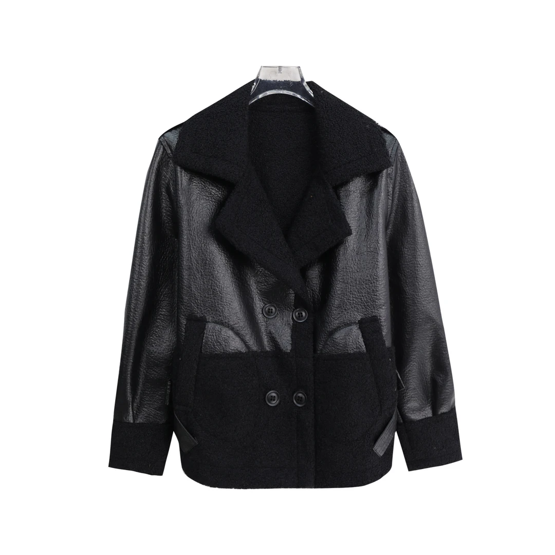 翻领拼接亮面机车风减龄时尚百搭外套S5120