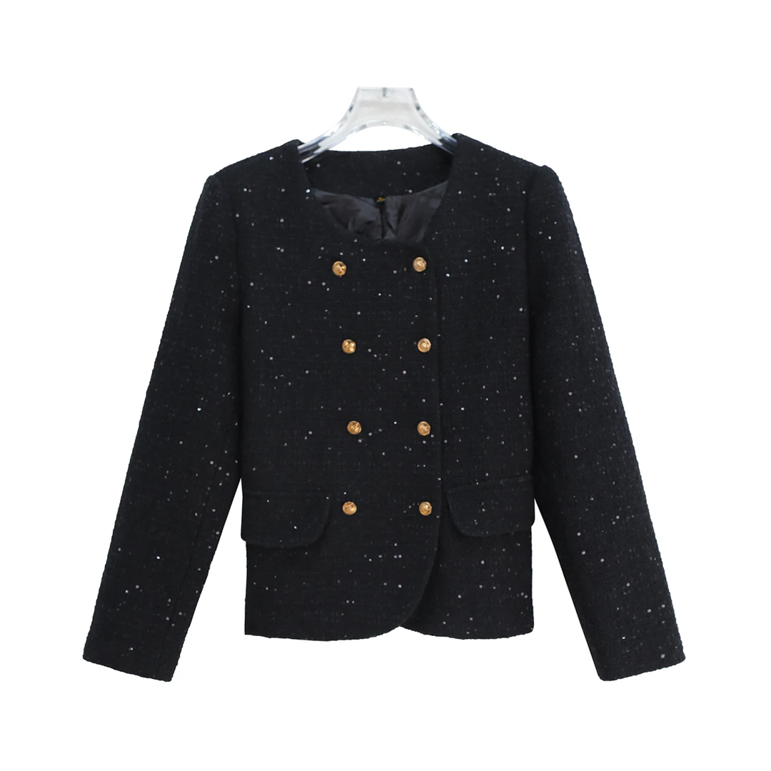 粗花呢黑色小香风长袖秋冬轻奢短外套S2414