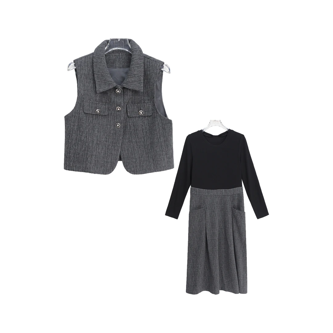 复古翻领无袖马甲圆领拼接连衣裙套装S4416